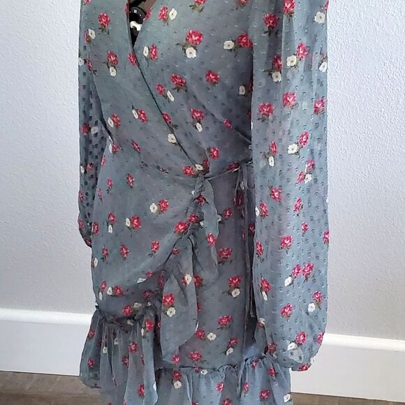WAYF Women’s Wrap Dress XS Blue Pink Floral Long Sleeve Sheer Romantic - Picture 6 of 13